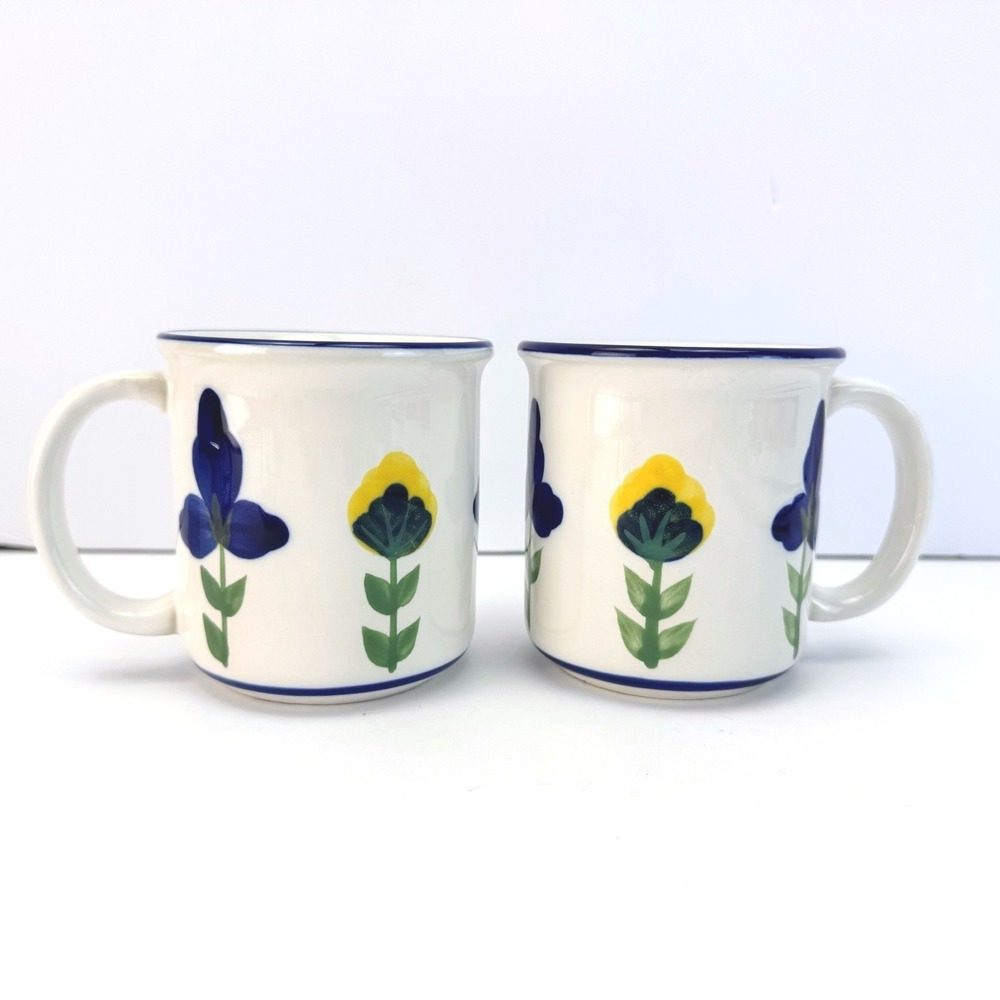 2 Dansk San‎ Nicolo Coffee/Tea Mug Blue and Yellow Flowers Blue Rim Mugs